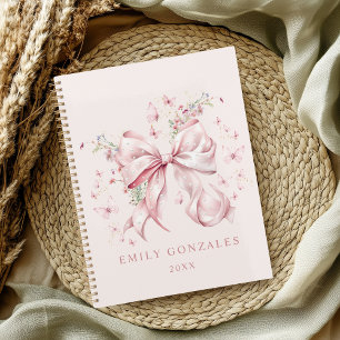Elegant Pink Bow & Pearls Coquette Personalized Planner