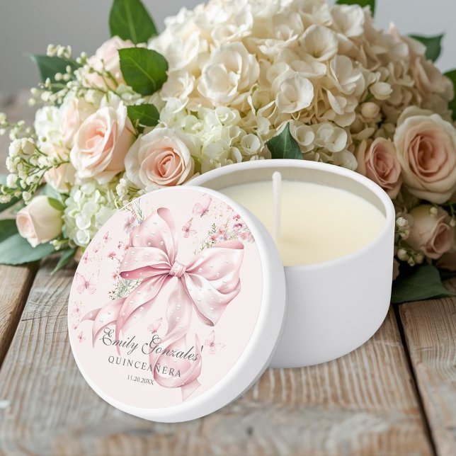 Elegant Pink Bow & Pearls Coquette Quinceanera Mini Candle Favors (Elegant Pink Bow Pearls Coquette Quinceañera mini candle favor gift)