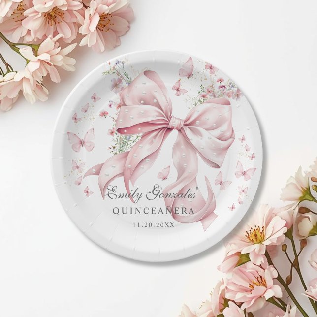 Elegant Pink Bow & Pearls Coquette Quinceañera  Paper Plates (Pink bow Pearls Coquette Quinceañera party Paper plate)