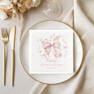 Elegant Pink Bow Pearls Quinceanera Birthday Paper Dinner Napkins