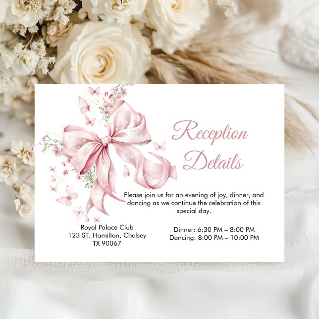 Elegant Pink Bow Pearls Quinceañera Reception Enclosure Card (Creator Uploaded)