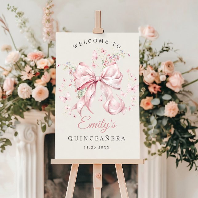 Elegant Pink Bow Pearls Quinceanera Welcome Sign (Creator Uploaded)