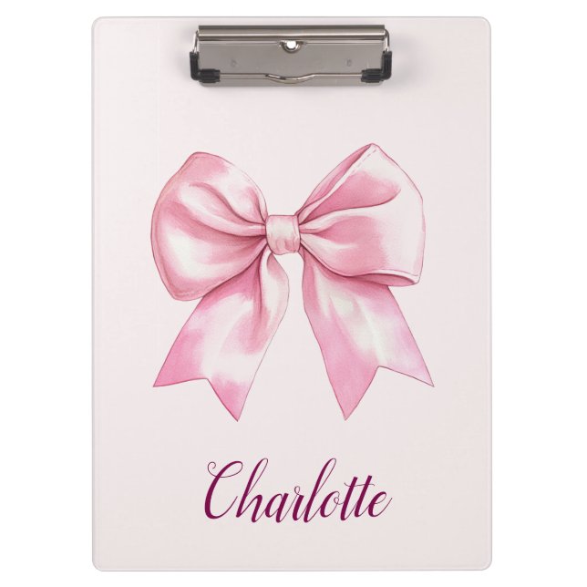 Elegant Pink Bow Personalized Name Clipboard (Front)