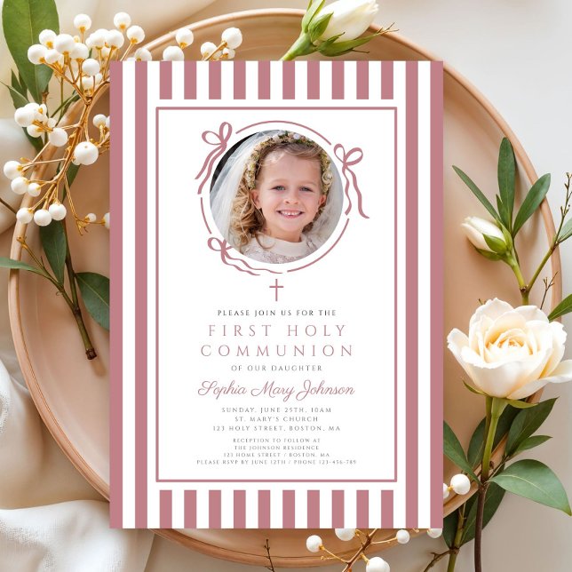 Elegant Pink Bow Photo Girl First Communion Invitation (Elegant Pink Bow Photo Girl First Communion Invitation)