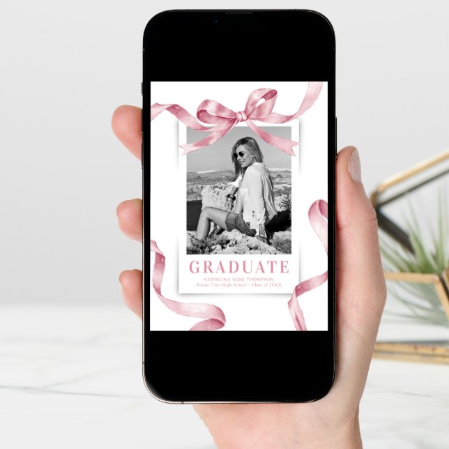 Elegant Pink Bow Photo Graduation Announcement (Front Digital)