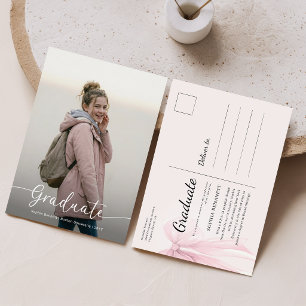 Elegant Pink Bow Photo Graduation Announcement Postcard