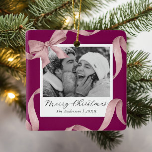 Elegant Pink Bow Photo Holiday Ceramic Ornament