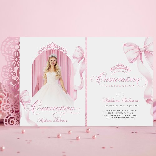 Elegant Pink Bow Photo Quinceañera Invitation