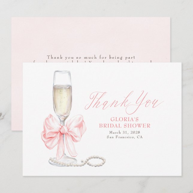 Elegant Pink Bow Prosecco Bridal Shower Thank You Card (Front/Back)