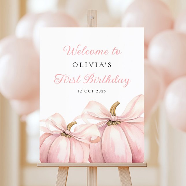 Elegant Pink Bow Pumpkin 1st Birthday Welcome Sign (Creator Uploaded)