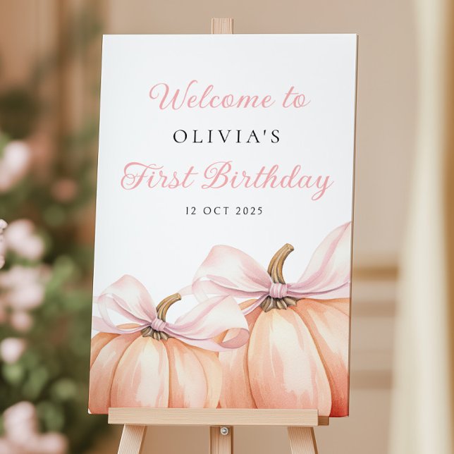 Elegant Pink Bow Pumpkin 1st Birthday Welcome Sign (Creator Uploaded)