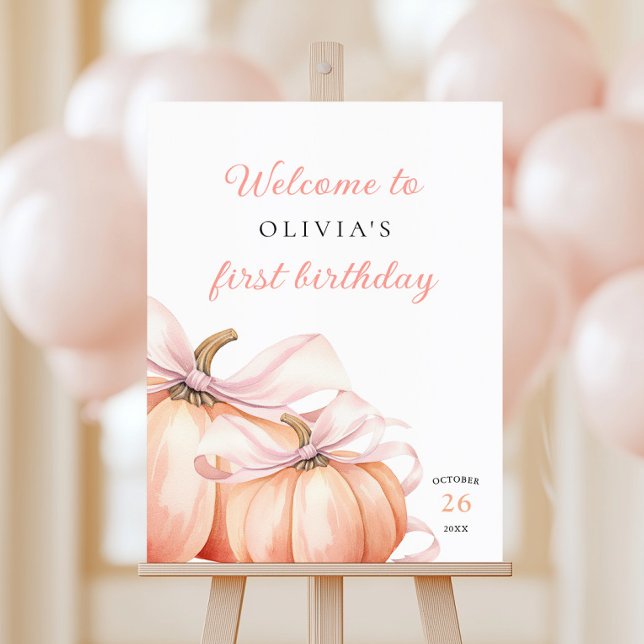Elegant Pink Bow Pumpkin 1st Birthday Welcome Sign (Creator Uploaded)