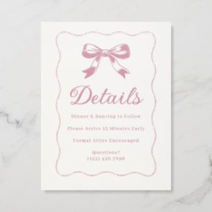 Elegant Pink Bow Quinceañera Details Letterpress Enclosure Card