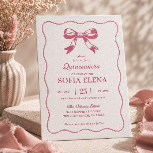 Elegant Pink Bow Quinceañera Letterpress Invitation