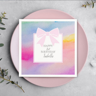 Elegant Pink Bow Rainbow Watercolor First Birthday Napkins