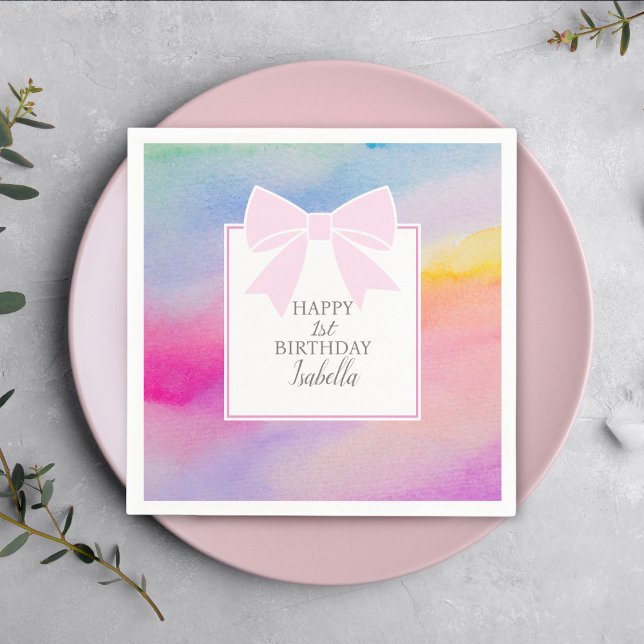 Elegant Pink Bow Rainbow Watercolor First Birthday Napkins (Creator Uploaded)
