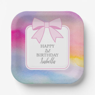 Elegant Pink Bow Rainbow Watercolor First Birthday Paper Plates