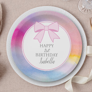 Elegant Pink Bow Rainbow Watercolor First Birthday Paper Plates
