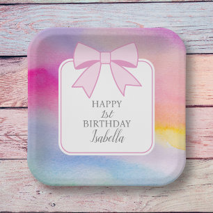 Elegant Pink Bow Rainbow Watercolor First Birthday Paper Plates