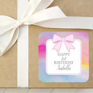 Elegant Pink Bow Rainbow Watercolor First Birthday Square Sticker