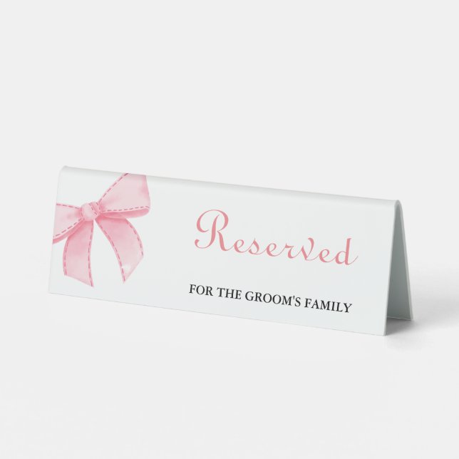 Elegant Pink Bow reserve for the groom's family  Table Tent (Back)