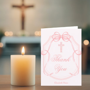 Elegant Pink Bow Ribbon Confirmation Cross Letterpress Thank You Card