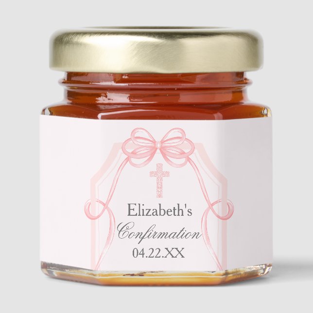 Elegant Pink Bow Ribbon Confirmation Party Honey Jar Favors (Front)