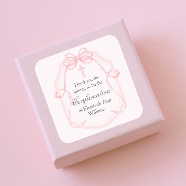 Elegant Pink Bow Ribbon Confirmation Party Square Sticker (Creator Uploaded)