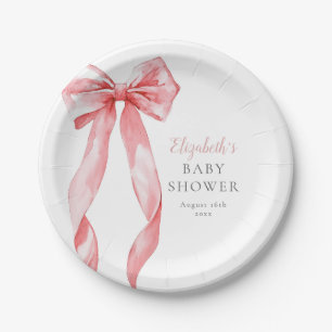 Elegant Pink Bow Ribbon Girl Baby Shower Paper Plates