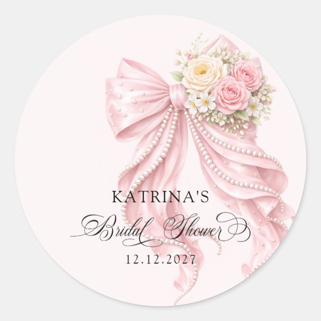 Elegant Pink Bow Romantic Bridal Shower Classic Round Sticker (Front)