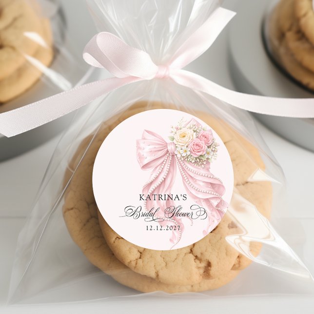 Elegant Pink Bow Romantic Bridal Shower Classic Round Sticker (Creator Uploaded)