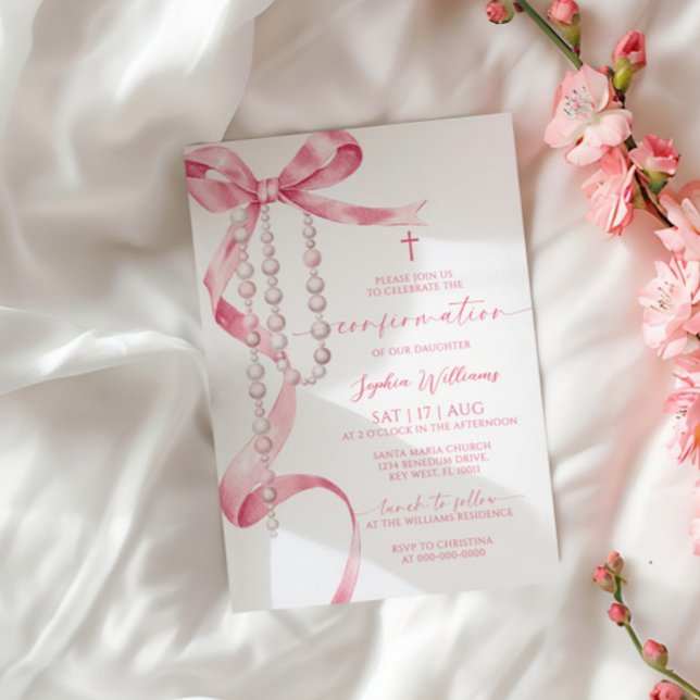 Elegant Pink Bow & Rosary Confirmation Invitation (Creator Uploaded)