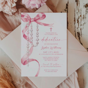 Elegant Pink Bow & Rosary Dedication Invitation