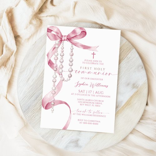 Elegant Pink Bow & Rosary First Holy Communion