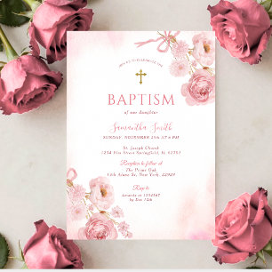 Elegant Pink Bow Rose Floral Cross Girl Baptism Invitation
