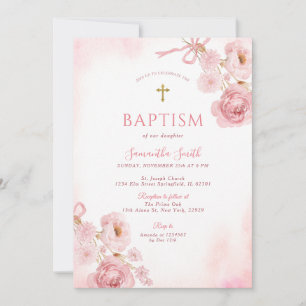Elegant Pink Bow Rose Floral Cross Girl Baptism Invitation