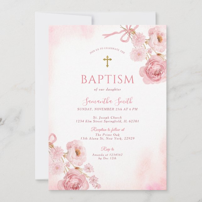 Elegant Pink Bow Rose Floral Cross Girl Baptism Invitation (Front)