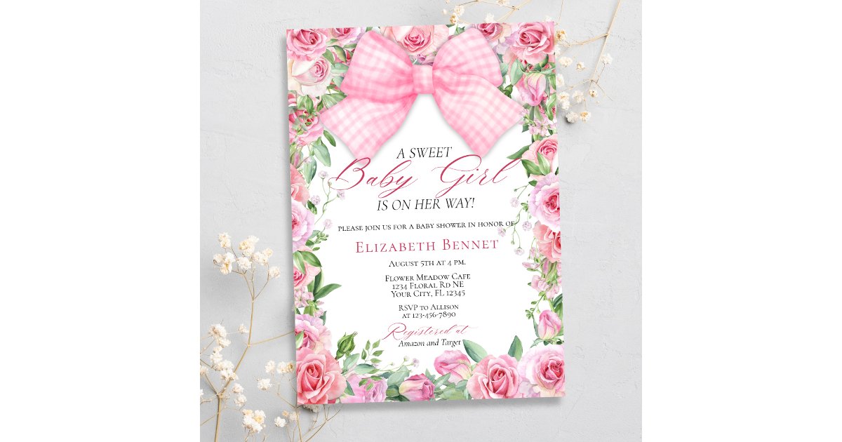 Elegant Pink Bow & Roses Coquette Girl Baby Shower Invitation | Zazzle