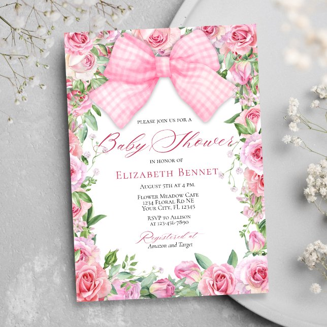 Elegant Pink Bow & Roses Coquette Girl Baby Shower Invitation (Creator Uploaded)