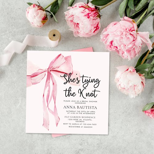 Elegant Pink Bow She Tying The Knot Bridal Shower Invitation
