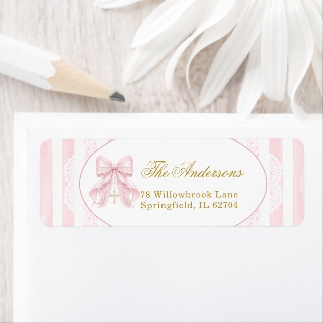 Elegant Pink Bow Stripes Lace Label (Insitu)