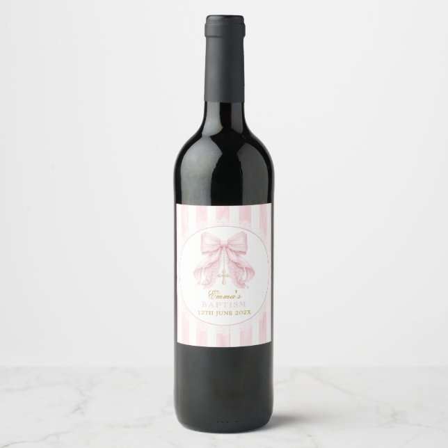 Elegant Pink Bow Stripes Lace Wine Label (Front)