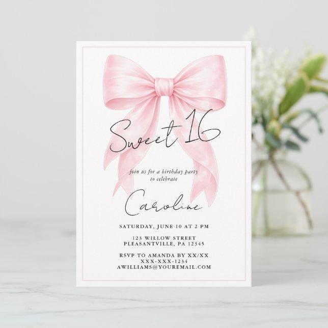 Elegant Pink Bow Sweet 16 Invitation (Standing Front)