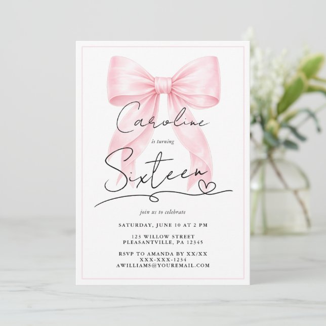 Elegant Pink Bow Sweet 16 Invitation (Standing Front)