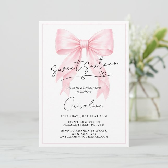 Elegant Pink Bow Sweet 16 Invitation (Standing Front)