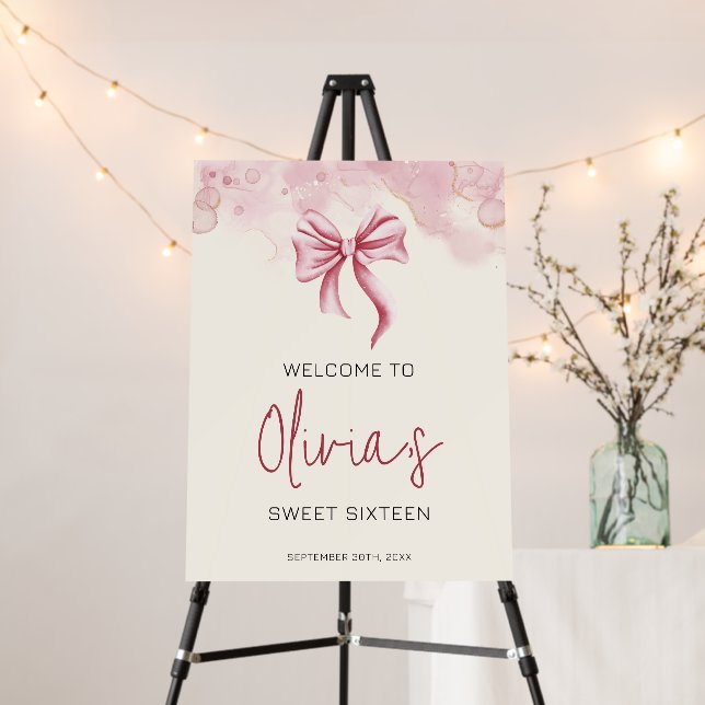 Elegant Pink Bow Sweet Sixteen Birthday Welcome Foam Board (In Situ (Stand))