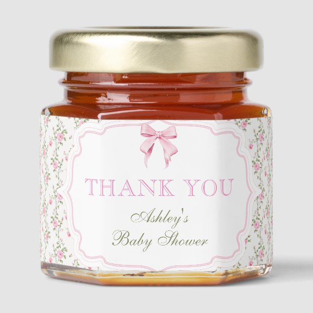 Elegant Pink Bow Vintage Floral Girl Baby Shower Honey Jar Favors (Front)