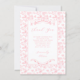 Elegant Pink Bow Vintage Floral Girl Baby Shower Thank You Card