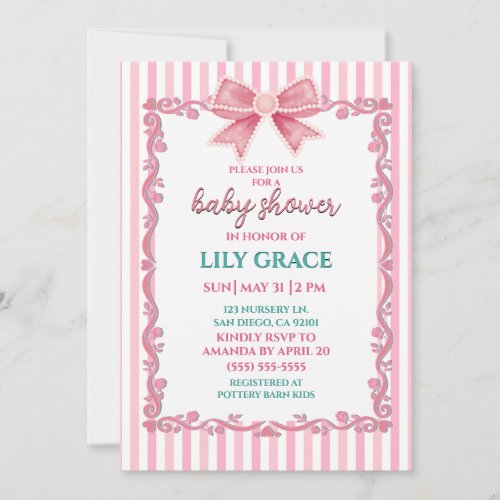 Elegant Pink Bow & Vintage Rose Baby Shower Invitation