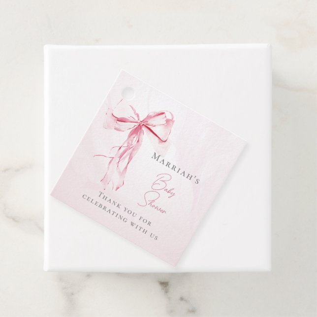 Elegant Pink Bow Watercolor Girl Baby Shower Favor Tags (In Situ)